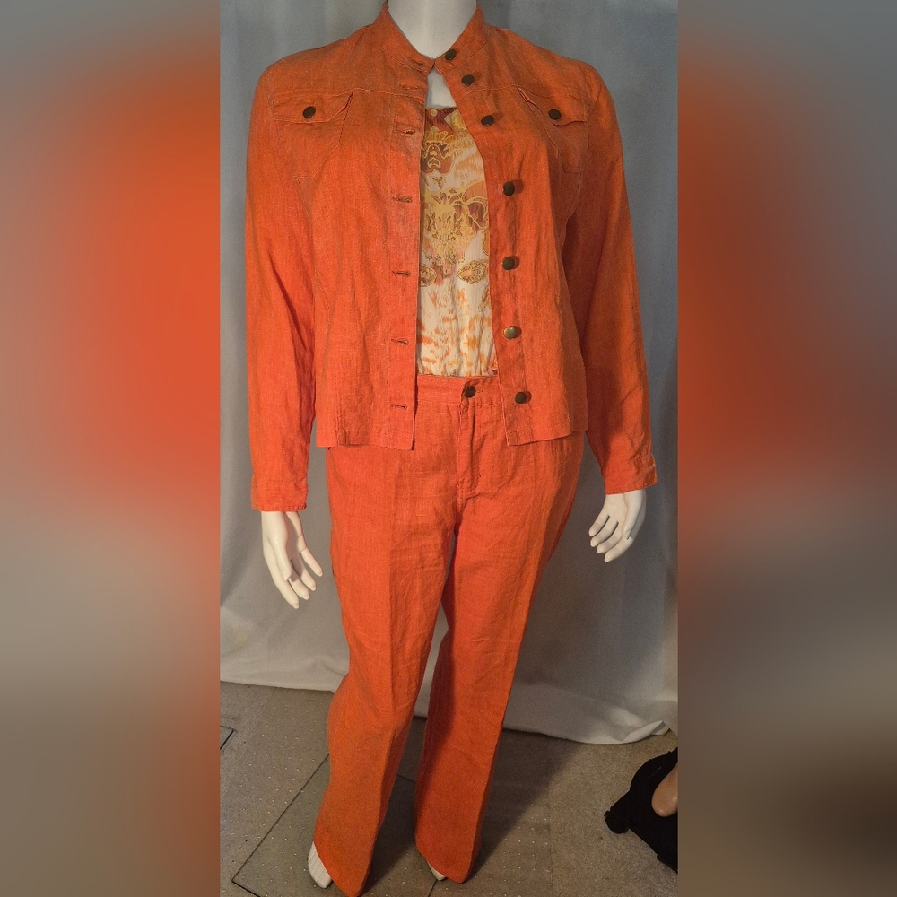 Rare Vintage 100% Linen Orange Jean Styled Jacket and Pants Set.